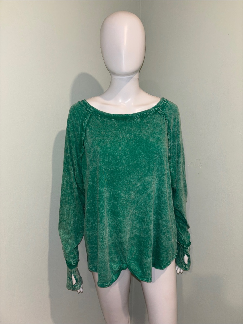Zenana Green Mineral Washed Long Sleeve Round Neck Top with Thumb Holes - L